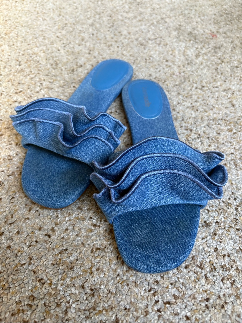 Larroude Denim Ruffle Slide Sandals - Blue